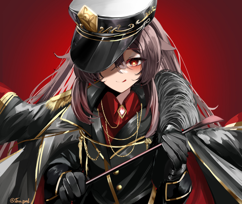 1girl absurdres alternate_costume black_gloves black_jacket brown_hair collared_shirt genshin_impact gloves gradient gradient_background hat highres holding holding_whip hu_tao_(genshin_impact) jacket jacket_on_shoulders long_hair looking_at_viewer military military_hat military_uniform one_eye_covered red_background red_eyes red_shirt shirt smile symbol-shaped_pupils teca_(ryeol) tongue tongue_out twitter_username uniform upper_body
