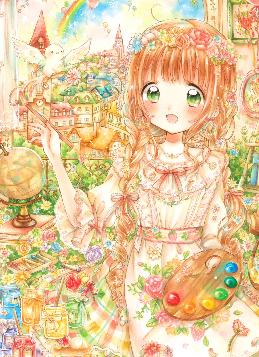 1girl absurdres balloon bangs bird blunt_bangs blush book bow braid brown_hair crayon dress eyebrows_visible_through_hair globe green_eyes head_wreath highres holding holding_paintbrush holding_palette jewelry kotori_hana lace long_hair marker_(medium) necklace open_mouth original paintbrush palette_(object) patterned_clothing ribbon smile traditional_media twin_braids