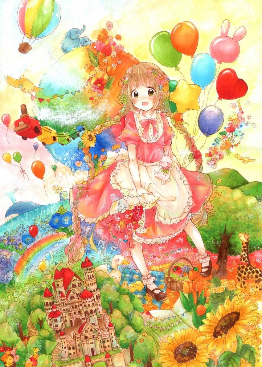 1girl aircraft apron balloon bangs bird blunt_bangs bow braid brown_hair castle dress elephant eyebrows_visible_through_hair flower green_eyes highres holding holding_clothes hot_air_balloon kotori_hana long_hair looking_at_viewer marker_(medium) marnie_(pokemon) open_mouth original pink_bow pink_dress puffy_short_sleeves puffy_sleeves rabbit rainbow short_sleeves smile solo solo_focus sunflower traditional_media tree twin_braids very_long_hair whale