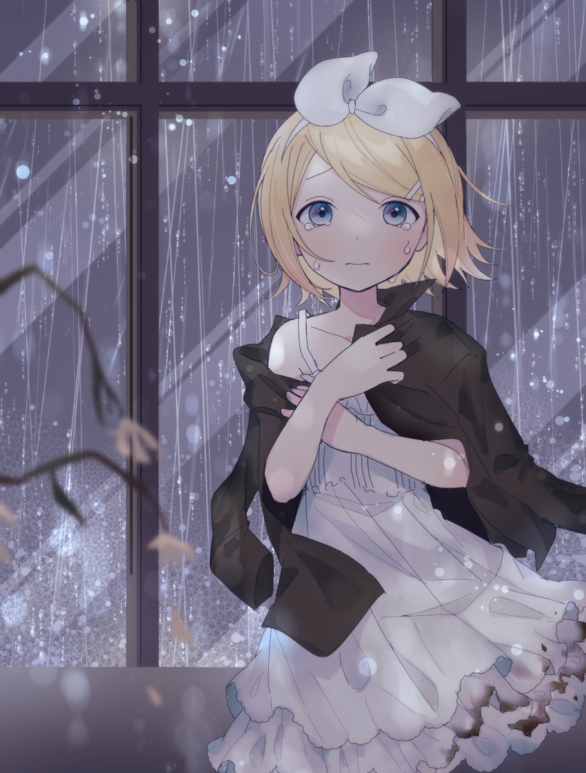 1girl black_shirt blonde_hair blue_eyes blurry bow burnt_clothes clothes_grab clothes_pull collarbone crying crying_with_eyes_open depth_of_field dress flat_chest frilled_dress frills hair_bow hair_ornament hairclip highres kagamine_rin looking_at_viewer open_clothes open_shirt rain sad sazanami_(ripple1996) shirt shirt_on_shoulders shirt_pull short_hair solo spaghetti_strap tears vocaloid water_drop white_dress window