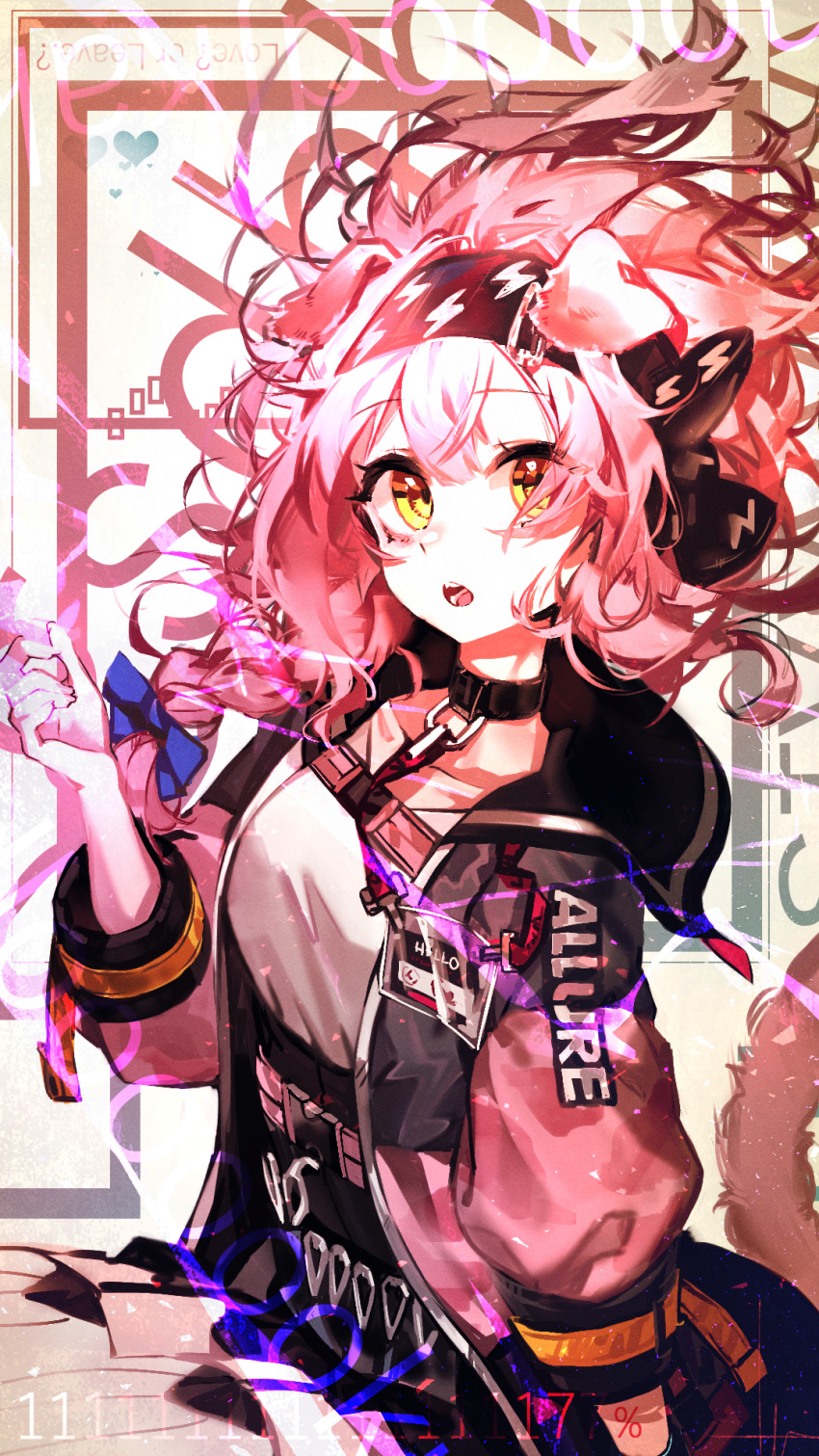 1girl :o animal_ears arknights arm_at_side background_text bangs black_choker black_hairband black_skirt blue_bow bow braid cat_ears choker clothes_writing coat electricity eyebrows_visible_through_hair floating_hair from_side garter_straps goldenglow_(arknights) hair_bow hairband heart high-waist_skirt highres id_card libiadan lightning_bolt_print long_hair long_sleeves looking_at_viewer looking_to_the_side open_clothes open_coat open_mouth pink_coat pink_hair scissors shirt side_braid sitting skirt solo thigh-highs very_long_hair white_legwear white_shirt yellow_eyes