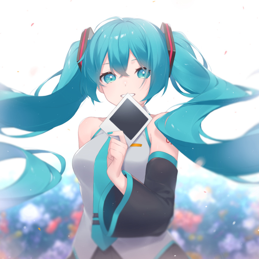 1girl bangs bare_shoulders black_skirt black_sleeves blue_eyes blue_hair blue_necktie blurry blurry_background collared_shirt commentary depth_of_field detached_sleeves eyebrows_behind_hair fhang floating_hair grey_shirt hair_between_eyes hand_up hatsune_miku holding long_hair long_sleeves looking_at_viewer necktie shirt skirt sleeveless sleeveless_shirt smile solo symbol-only_commentary tie_clip twintails very_long_hair vocaloid white_background wide_sleeves