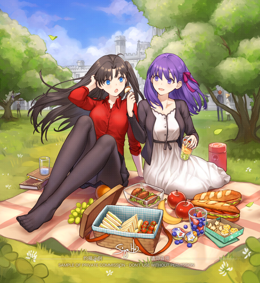 2boys 4girls :d :o ahoge apple apple_slice banana black_hair black_legwear black_skirt blue_eyes blue_sky book breasts building character_request clouds collared_shirt cookie cup dress drinking_glass fate/stay_night fate_(series) feeding feet floating_hair food fruit fruit_cup full_body grapes grass hair_ribbon hand_in_hair highres holding holding_cup holding_food knees_up leaning_back legs long_hair long_legs long_sleeves looking_at_another matou_sakura mug multiple_boys multiple_girls no_shoes open_mouth orange_(fruit) outdoors pantyhose picnic picnic_basket purple_hair red_shirt revision ribbon sandwich shirt side_ponytail signature sitting siya_ho skirt sky smile toes tohsaka_rin tomato tree violet_eyes white_dress