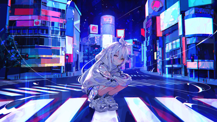 1girl absurdres black_legwear blue_theme bow chromatic_aberration city closed_mouth commentary_request crosswalk full_body hair_bow highres hood hood_down hoodie long_hair long_sleeves looking_at_viewer official_art outdoors pedestrian_lights pink_eyes qualia_qu re:act ritao_kamo shibuya_(tokyo) shibuya_109 shoes skirt sneakers socks solo squatting tree virtual_youtuber white_bow white_footwear white_hair white_hoodie white_skirt