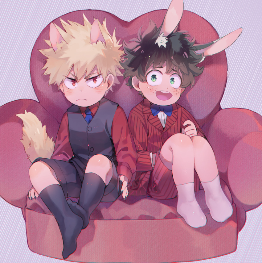 2boys animal_ear_fluff animal_ears bakugou_katsuki black_legwear black_shorts black_vest blonde_hair blue_bow blue_bowtie blue_necktie blush boku_no_hero_academia bow bowtie chair child claws closed_mouth commentary crispyfrites easy_chair english_commentary feet_together formal freckles frown green_eyes green_hair highres knees_up layered_sleeves long_sleeves looking_at_viewer male_focus midoriya_izuku multiple_boys necktie on_chair open_mouth purple_background rabbit_boy rabbit_ears red_eyes red_suit short_hair shorts sitting socks spiky_hair tail teeth upper_teeth vest white_legwear wolf_boy wolf_ears wolf_tail yellow_fur younger
