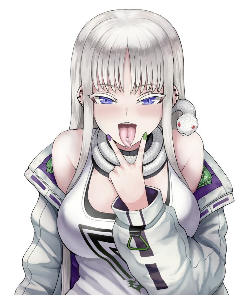 1girl :p albino bangs bare_shoulders breasts cheona_(last_origin) earrings eyebrows_visible_through_hair forked_tongue green_nails highres jacket jewelry last_origin long_hair looking_at_viewer medium_breasts multicolored_nails piercing poorgom purple_nails silver_hair simple_background slit_pupils snake tank_top tongue tongue_out tongue_piercing v violet_eyes white_background white_snake