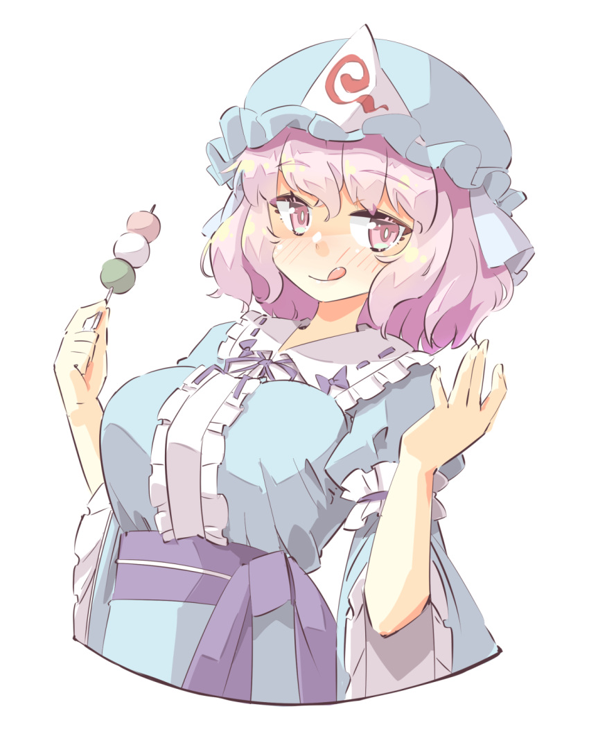 1girl :q \||/ arm_garter arm_strap arnest blue_bow blue_headwear blue_kimono blue_ribbon blue_sash blush bow breasts center_frills closed_mouth commentary cropped_torso dango food frilled_kimono frilled_shirt_collar frilled_sleeves frills hands_up hat highres holding holding_food japanese_clothes kimono large_breasts long_sleeves looking_at_viewer mob_cap neck_ribbon pink_eyes pink_hair ribbon ribbon-trimmed_collar ribbon_trim saigyouji_yuyuko sanshoku_dango sash short_hair simple_background sleeves_past_elbows smile solo tongue tongue_out touhou triangular_headpiece veil wagashi white_background wide_sleeves