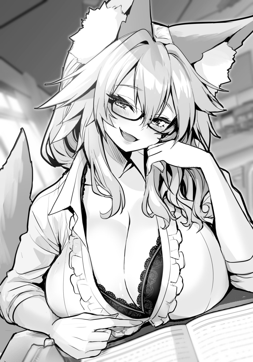 1girl animal_ears bangs blush breasts collared_shirt commentary_request eyebrows_visible_through_hair fate/extra fate_(series) fox_ears fox_girl fox_tail glasses greyscale highres large_breasts long_sleeves looking_at_viewer monochrome parted_lips shirt smile solo tail tamamo_(fate) tamamo_no_mae_(fate/extra) wisespeak