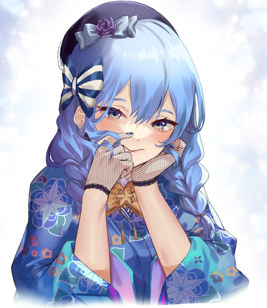 1girl bangs blue_eyes blue_hair blue_kimono blue_nails bow braid closed_mouth eredhen fishnet_gloves fishnets floral_print gloves hair_between_eyes hair_bow hair_over_shoulder hand_on_own_cheek hand_on_own_face hat highres hololive hoshimachi_suisei japanese_clothes kimono long_hair nail_polish print_kimono simple_background solo star_(symbol) star_in_eye striped striped_bow symbol_in_eye twin_braids twintails upper_body virtual_youtuber white_background