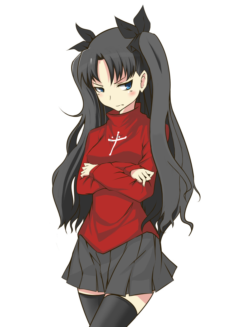 1girl absurdres akihikohex bangs black_bow black_hair black_legwear black_skirt blue_eyes blush bow breasts closed_mouth cowboy_shot cross crossed_arms english_commentary fate/stay_night fate_(series) hair_bow highres latin_cross long_hair looking_away miniskirt pleated_skirt print_sweater red_sweater skirt small_breasts solo sweater thigh-highs tohsaka_rin transparent_background tsundere two_side_up v-shaped_eyebrows wavy_mouth zettai_ryouiki