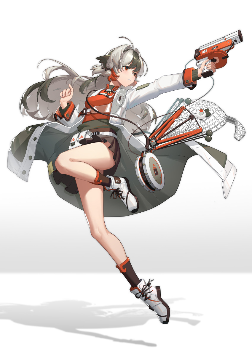 1girl a-z_(alphaomega) absurdres ahoge animal_ears arknights black_footwear black_skirt breasts full_body grey_hair gun highres holding holding_gun holding_weapon jumping long_hair long_sleeves pouch red_eyes redhead simple_background skirt small_breasts snowsant_(arknights) solo weapon white_background white_footwear