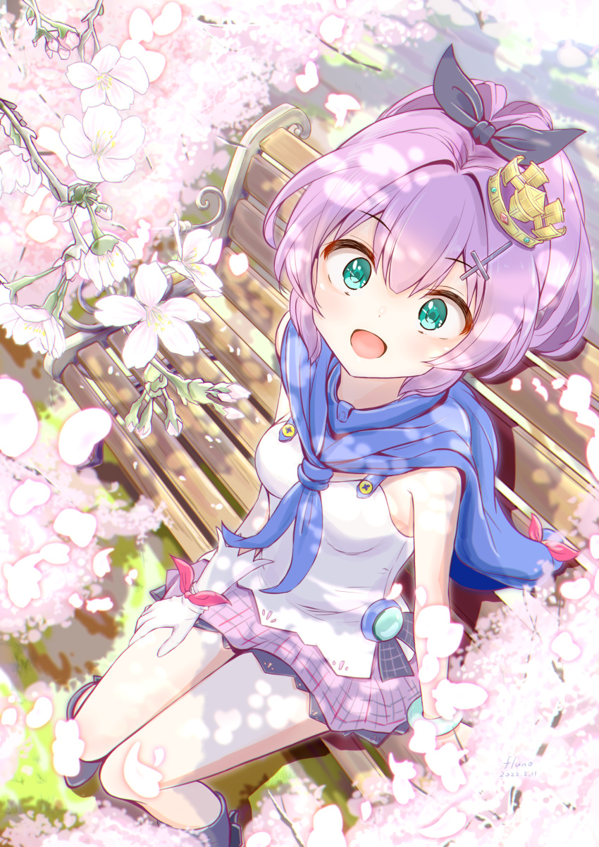 1girl absurdres armband azur_lane bangs bench black_ribbon blue_cape blue_footwear bracelet cape cherry_blossoms crown eyebrows_visible_through_hair fluno gloves green_eyes hair_ornament hair_ribbon hairclip hand_on_own_thigh highres javelin_(azur_lane) jewelry looking_at_viewer mini_crown open_mouth outdoors pink_ribbon plaid plaid_skirt purple_hair ribbon shirt short_ponytail sitting sitting_on_bench skirt sleeveless solo spring_(season) thighs white_gloves white_shirt
