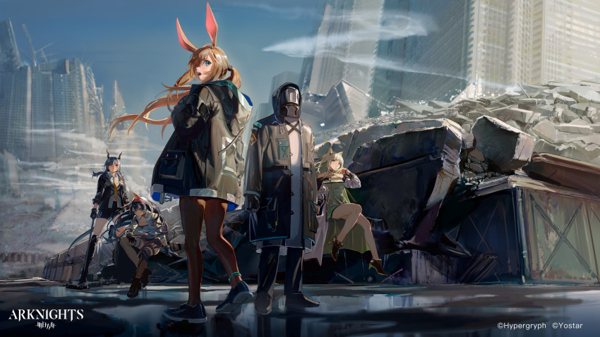 1other 4girls absurdres amiya_(arknights) animal_ears ankleband aqua_eyes arknights black_footwear black_gloves black_hair black_jacket black_shorts blaze_(arknights) blonde_hair blue_eyes blue_hair blue_sky boots brown_hair building ch'en_(arknights) cityscape closed_mouth company_name copyright copyright_name doctor_(arknights) dress gloves green_dress green_eyes highres horns jacket kal'tsit_(arknights) knee_boots long_hair long_sleeves multiple_girls necktie official_art open_clothes open_jacket open_mouth outdoors pantyhose ponytail red_eyes reflection ruins shoes short_shorts shorts sitting sky skyscraper standing tamomoko taro-k thigh-highs water white_jacket yellow_necktie