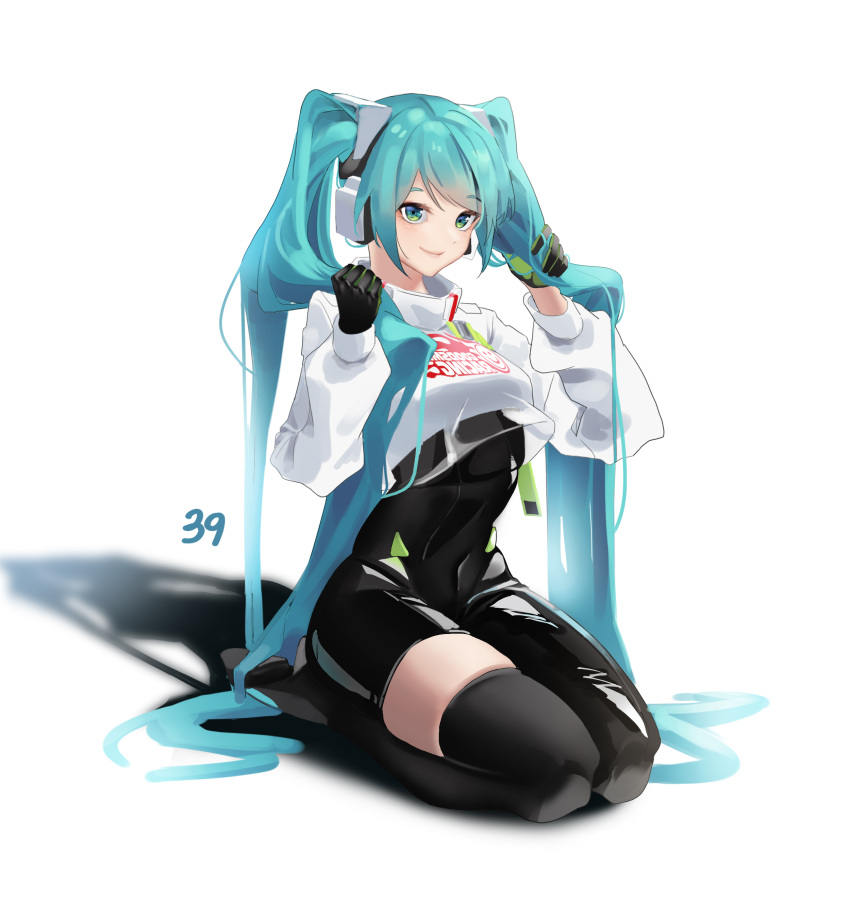1girl 39 absurdres aqua_eyes aqua_hair asymmetrical_bodysuit bangs black_bodysuit black_gloves black_legwear bodysuit boots clothes_writing covered_navel crop_top crop_top_overhang full_body gloves hands_up hatsune_miku headphones highres holding holding_hair long_hair long_sleeves looking_away racing_miku racing_miku_(2022) see-through_silhouette see-through_sleeves seiza shiny shiny_clothes simple_background single_thigh_boot single_thighhigh sitting skindentation smile solo thigh-highs thigh_boots turtleneck twintails uth_95 very_long_hair vocaloid white_background