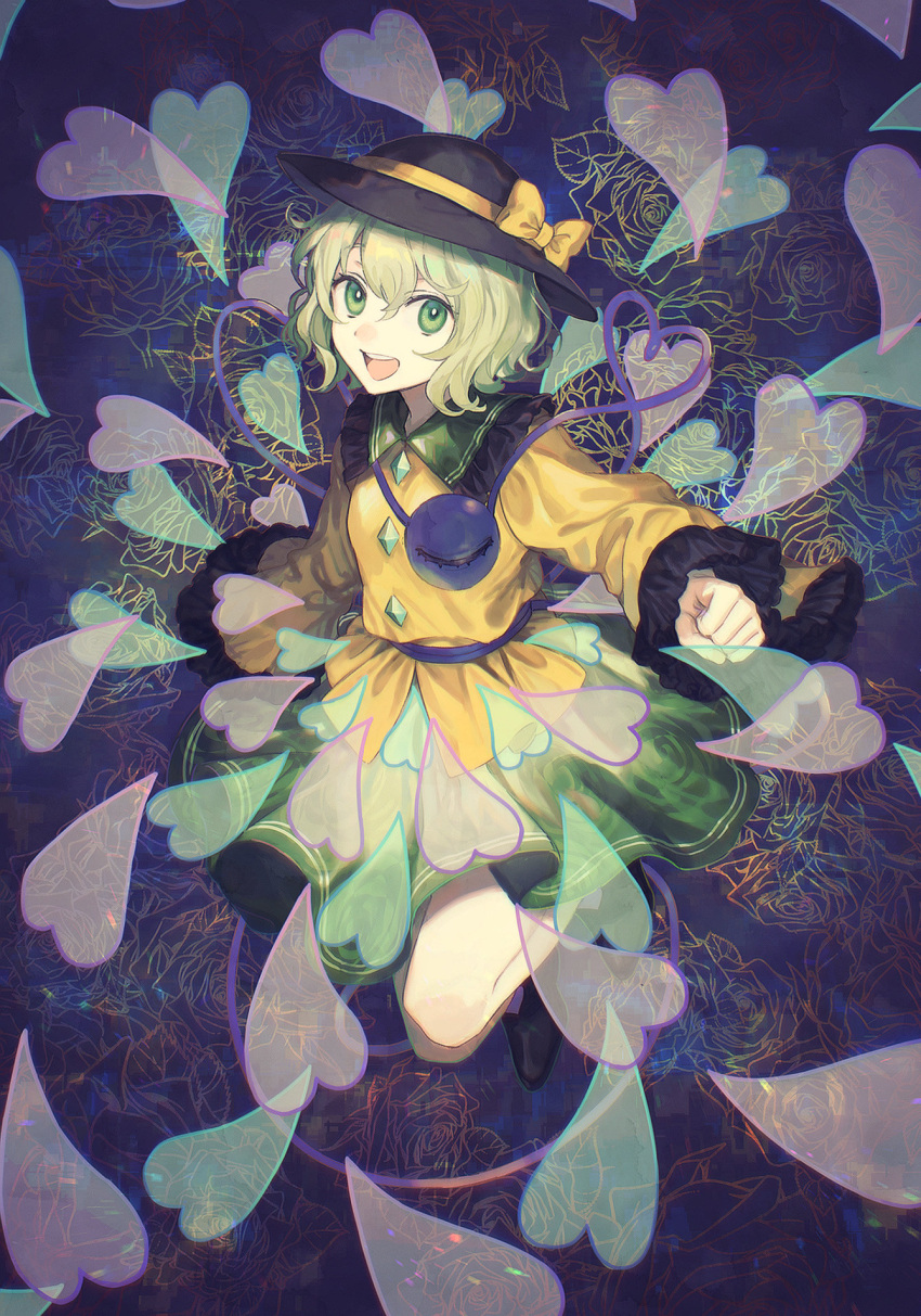 1girl :d akeno-com black_footwear black_headwear blouse boots bow buttons commentary diamond_button eyebrows_behind_hair floral_print flower frilled_shirt_collar frilled_sleeves frills full_body green_eyes green_hair green_skirt hair_between_eyes hat hat_bow heart heart_of_string highres komeiji_koishi leaf long_sleeves looking_at_viewer open_mouth rose rose_print short_hair skirt smile solo teeth third_eye tongue touhou upper_teeth wavy_hair wide_sleeves yellow_blouse yellow_bow