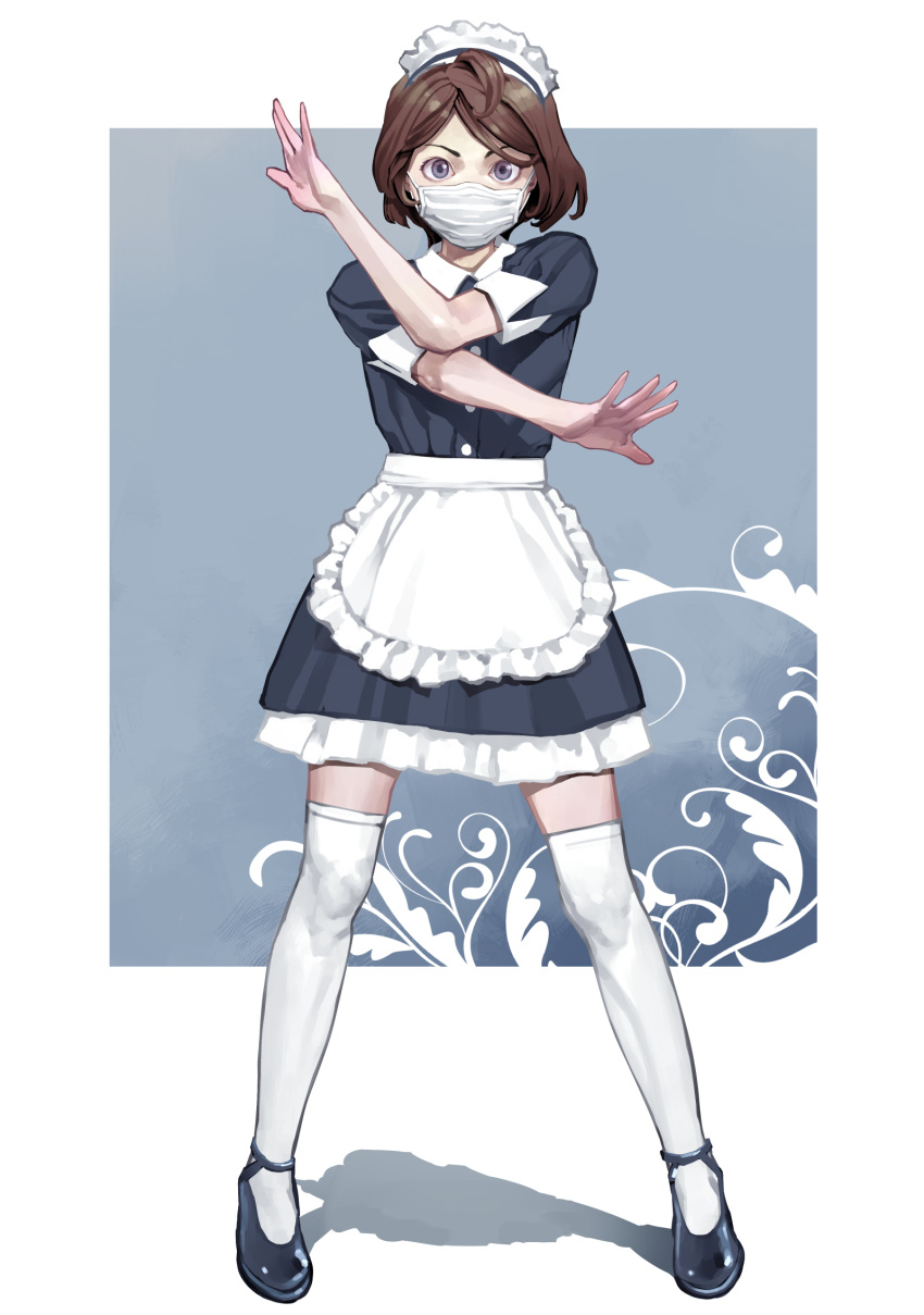 1girl apron black_footwear blue_dress brown_hair buttons covered_mouth crossed_arms dress frilled_apron frills full_body hands_up highres inamitsu_shinji looking_at_viewer maid_headdress mask mouth_mask original shadow short_hair short_sleeves sleeve_cuffs solo standing surgical_mask tareme thigh-highs violet_eyes waist_apron white_apron white_legwear zettai_ryouiki