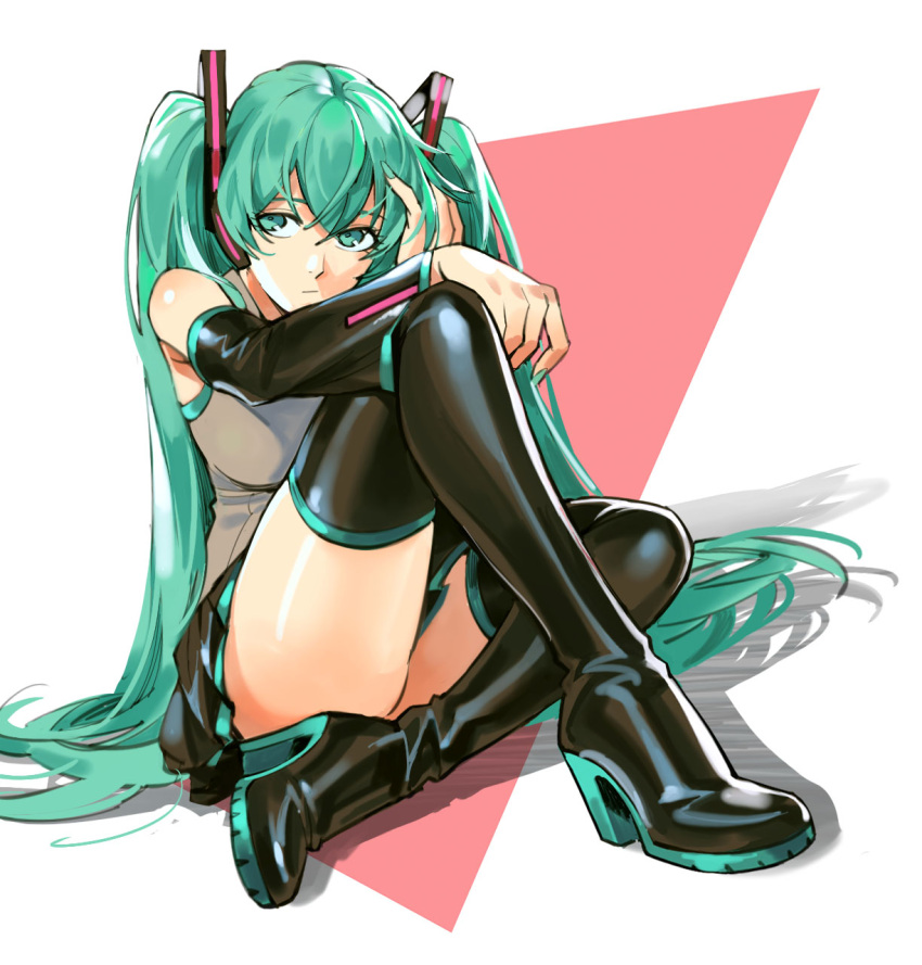 1girl arm_up bangs boots closed_mouth crossed_legs detached_sleeves dutch_angle expressionless foreshortening full_body green_eyes green_hair green_nails grey_shirt hand_on_own_face hand_up hatsune_miku highres knee_up long_hair looking_at_viewer microskirt nail_polish ruukii_drift shirt sitting skirt solo thigh-highs thigh_boots thighs twintails very_long_hair vocaloid zettai_ryouiki