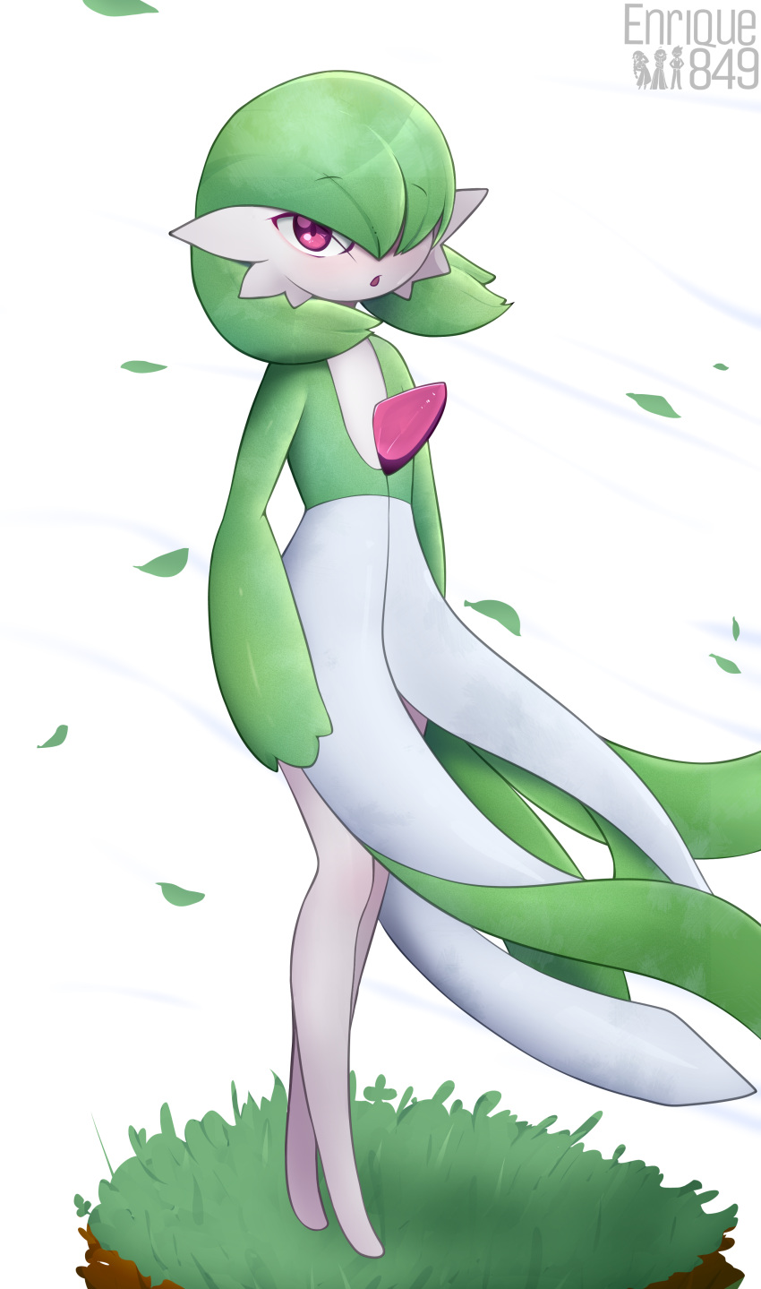 1girl absurdres arms_at_sides artist_name bangs blush bob_cut colored_skin commentary english_commentary enrique849 eyebrows_visible_through_hair flat_chest full_body gardevoir grass green_hair green_skin hair_over_one_eye highres leaves_in_wind light_blush looking_at_viewer multicolored_skin nose_blush one_eye_covered open_mouth outdoors pokemon pokemon_(creature) red_eyes short_hair simple_background solo standing two-tone_skin watermark white_background white_skin wind