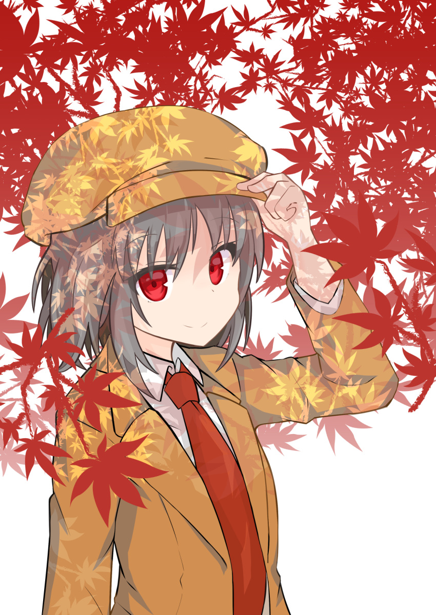 1girl akasabi autumn_leaves brown_hair brown_headwear brown_jacket brown_shorts cabbie_hat closed_mouth collared_shirt commentary_request flat_cap hand_on_headwear hands_on_headwear hat highres holding holding_clothes holding_hat jacket leaf long_sleeves looking_at_viewer maple_leaf necktie red_eyes red_necktie shameimaru_aya shameimaru_aya_(newsboy) shirt short_hair shorts simple_background smile suit_jacket touhou white_background white_shirt