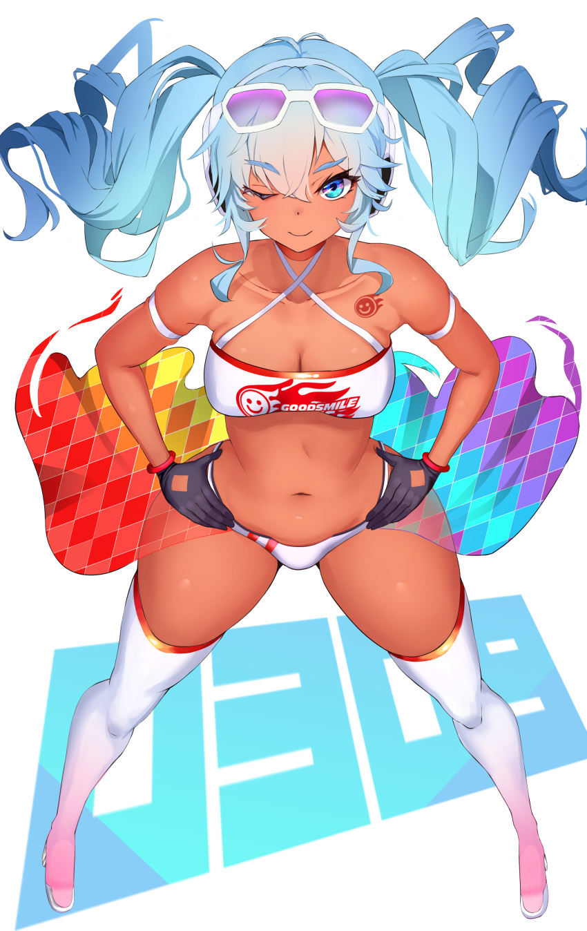1girl ;) absurdres arm_strap b-pang bangs black_gloves blue_hair boots breasts clothes_writing criss-cross_halter crop_top dark-skinned_female dark_skin eyebrows_visible_through_hair eyewear_on_head full_body gloves hair_between_eyes halterneck hands_on_hips hatsune_miku high_heel_boots high_heels highres long_hair looking_at_viewer medium_breasts navel one_eye_closed panties simple_background smile solo spread_legs standing stomach sunglasses thigh-highs thigh_boots twintails underwear vocaloid white_background white_legwear white_panties