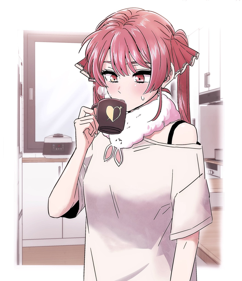 1girl alternate_costume arrow_through_heart blush borrowed_garments breasts cabinet casual coffee_cup commentary cup disposable_cup don-chan_(usada_pekora) fur_scarf hair_ribbon heterochromia highres holding holding_cup hololive houshou_marine jangmaseason kitchen long_hair looking_down medium_breasts off-shoulder_shirt off_shoulder orange_eyes red_eyes red_ribbon redhead ribbon rice_cooker shirt short_sleeves solo steam sweatdrop twintails upper_body virtual_youtuber white_shirt window