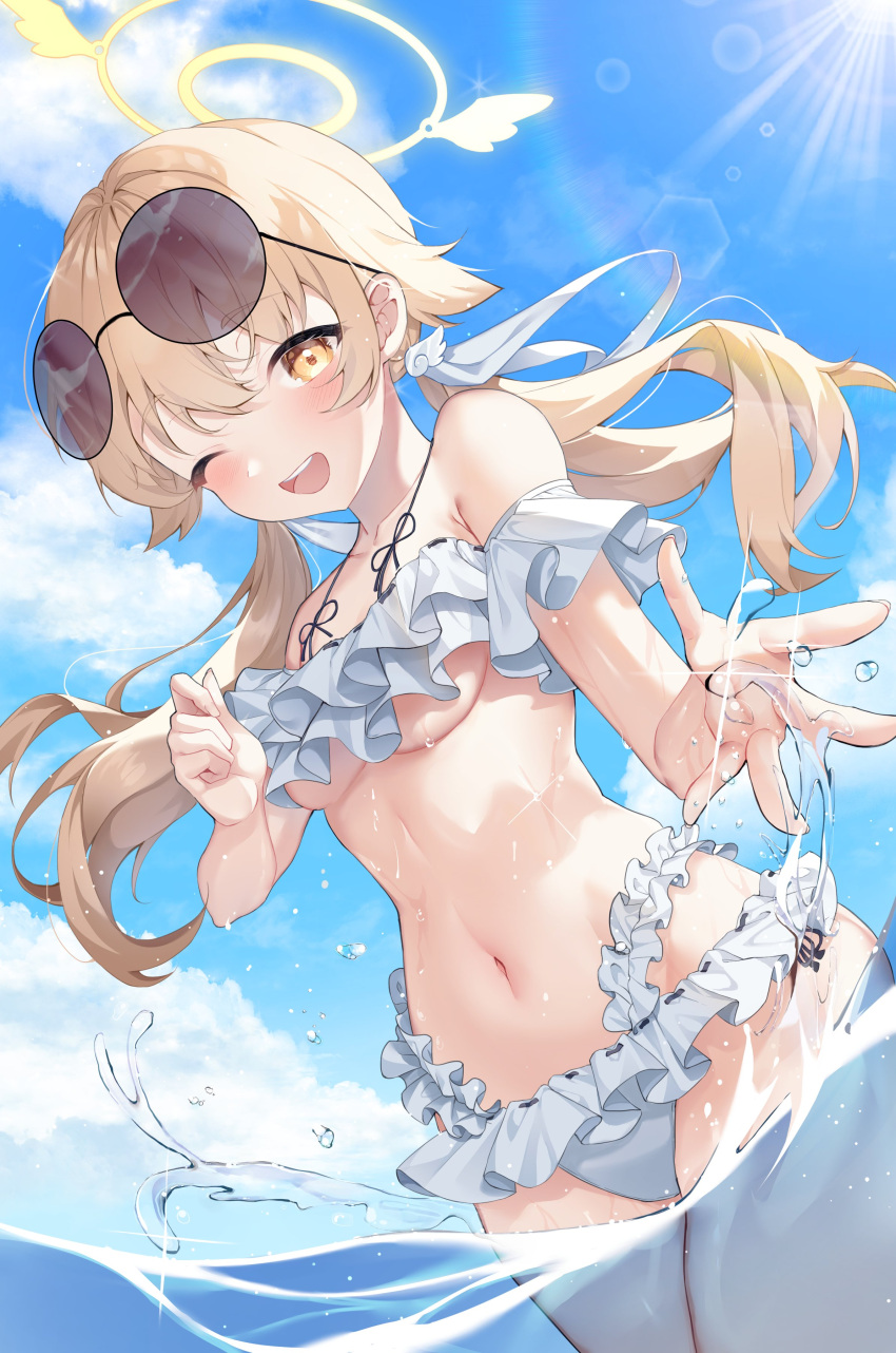 1girl ;d absurdres bangs bikini blonde_hair blue_archive blue_sky blush breasts clouds cowboy_shot day eyebrows_visible_through_hair eyewear_on_head frilled_bikini frills halo hifumi_(blue_archive) highres long_hair looking_at_viewer medium_breasts minojko112 navel off-shoulder_bikini off_shoulder one_eye_closed outdoors round_teeth sky smile solo standing stomach sunglasses swimsuit teeth twintails under_boob upper_teeth wading water wet white_bikini yellow_eyes
