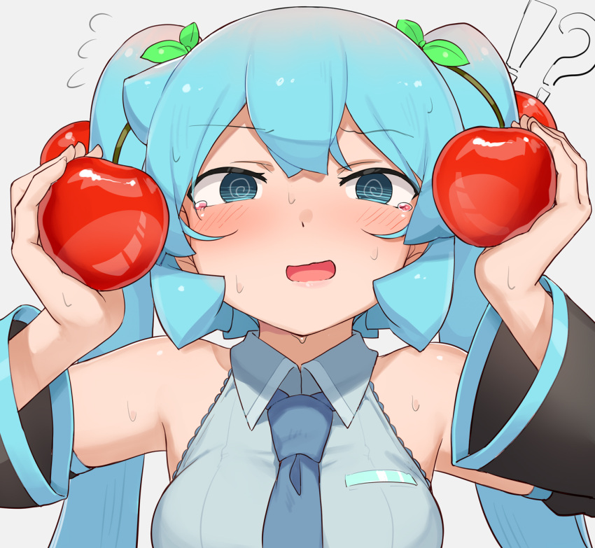 !? 1girl @_@ abmayo bangs bare_shoulders black_sleeves blush breasts cherry collared_shirt commentary detached_sleeves flying_sweatdrops food fruit hair_ornament hatsune_miku highres holding holding_food long_hair looking_at_viewer medium_breasts necktie open_mouth portrait shiny shiny_hair shirt solo sweat tearing_up twintails vocaloid