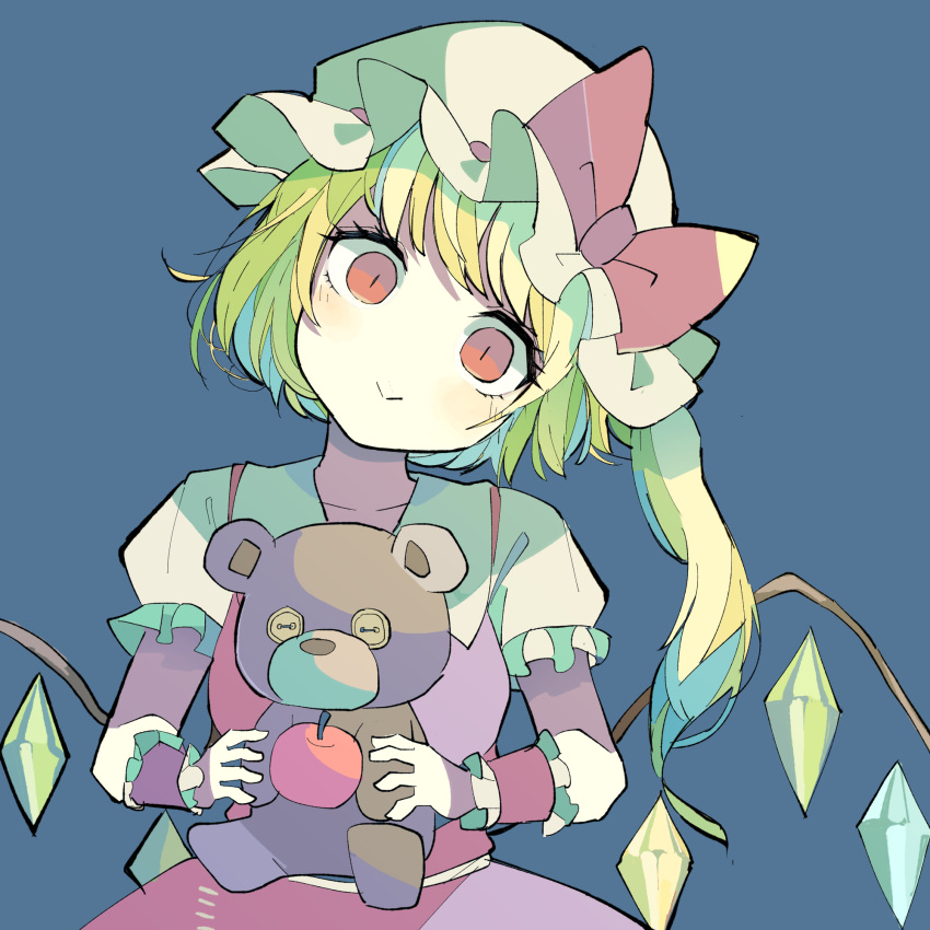 1girl :&gt; apple bangs baron_(x5qgeh) blonde_hair blue_background blush bow closed_mouth commentary cowboy_shot crystal flandre_scarlet food frilled_sleeves frills fruit hat hat_bow hat_ribbon head_tilt highres holding holding_stuffed_toy looking_at_viewer mob_cap one_side_up puffy_short_sleeves puffy_sleeves red_bow red_eyes red_ribbon red_skirt red_vest ribbon shirt short_hair short_sleeves sidelocks simple_background skirt smile solo stuffed_animal stuffed_toy teddy_bear touhou vest white_shirt wings wrist_cuffs