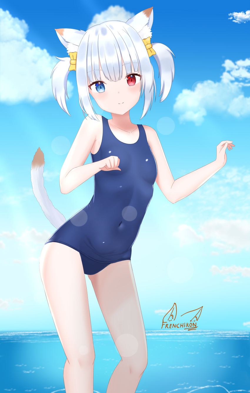 1girl absurdres animal_ear_fluff animal_ears arisugawa_etona artist_logo bare_arms bare_legs bare_shoulders blue_eyes blue_swimsuit blush breasts cat_ears cat_tail closed_mouth clouds cloudy_sky collarbone covered_navel eyebrows_visible_through_hair facing_viewer frenchi_yuzuriha hair_ribbon heterochromia highres indie_virtual_youtuber looking_at_viewer ocean one-piece_swimsuit paw_pose red_eyes ribbon school_swimsuit short_hair signature sky small_breasts smile stomach swimsuit tail tail_raised two_side_up virtual_youtuber water white_hair yellow_ribbon