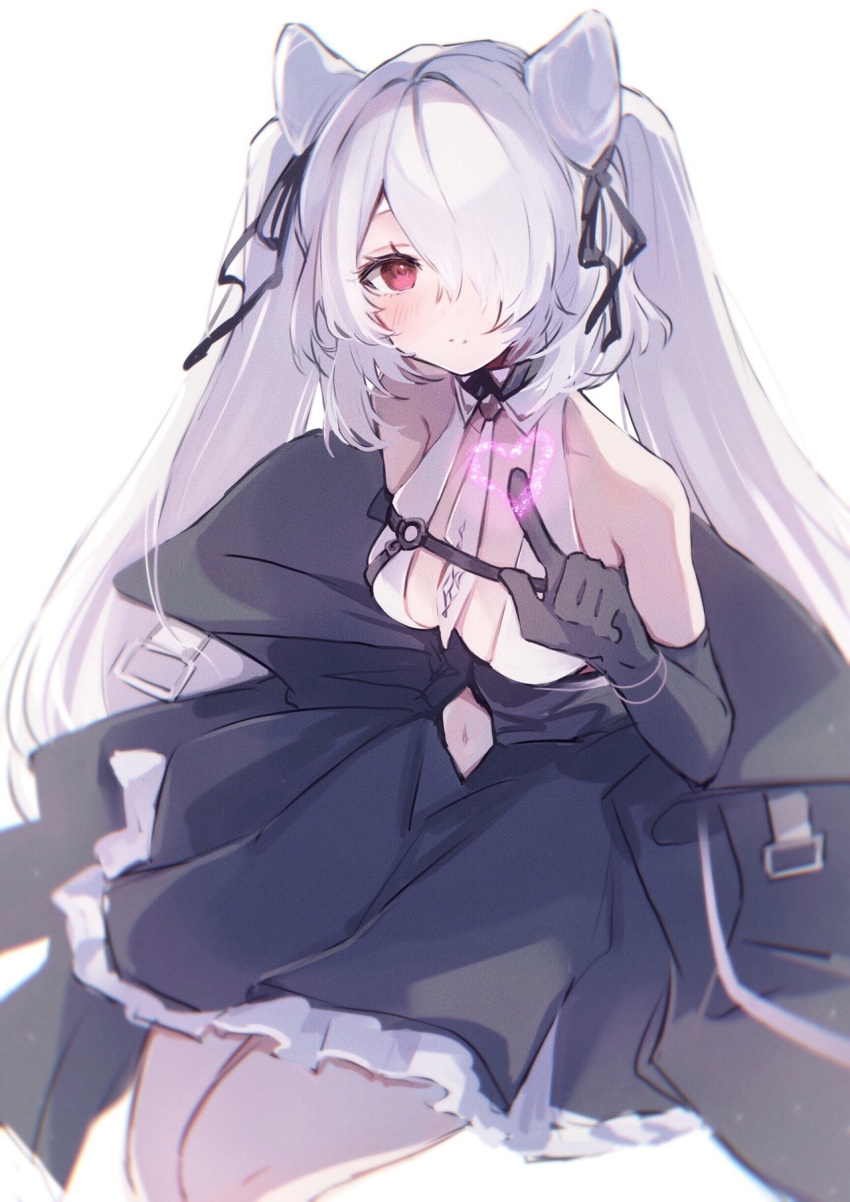 1girl azur_lane bare_shoulders black_gloves blush breasts closed_mouth clothing_cutout elbow_gloves gloves hair_cones hair_over_one_eye heart highres kiev_(azur_lane) kiev_(backstreet_silver_sonata)_(azur_lane) long_bangs official_alternate_costume one_eye_covered red_eyes simple_background star twintails white_background white_hair