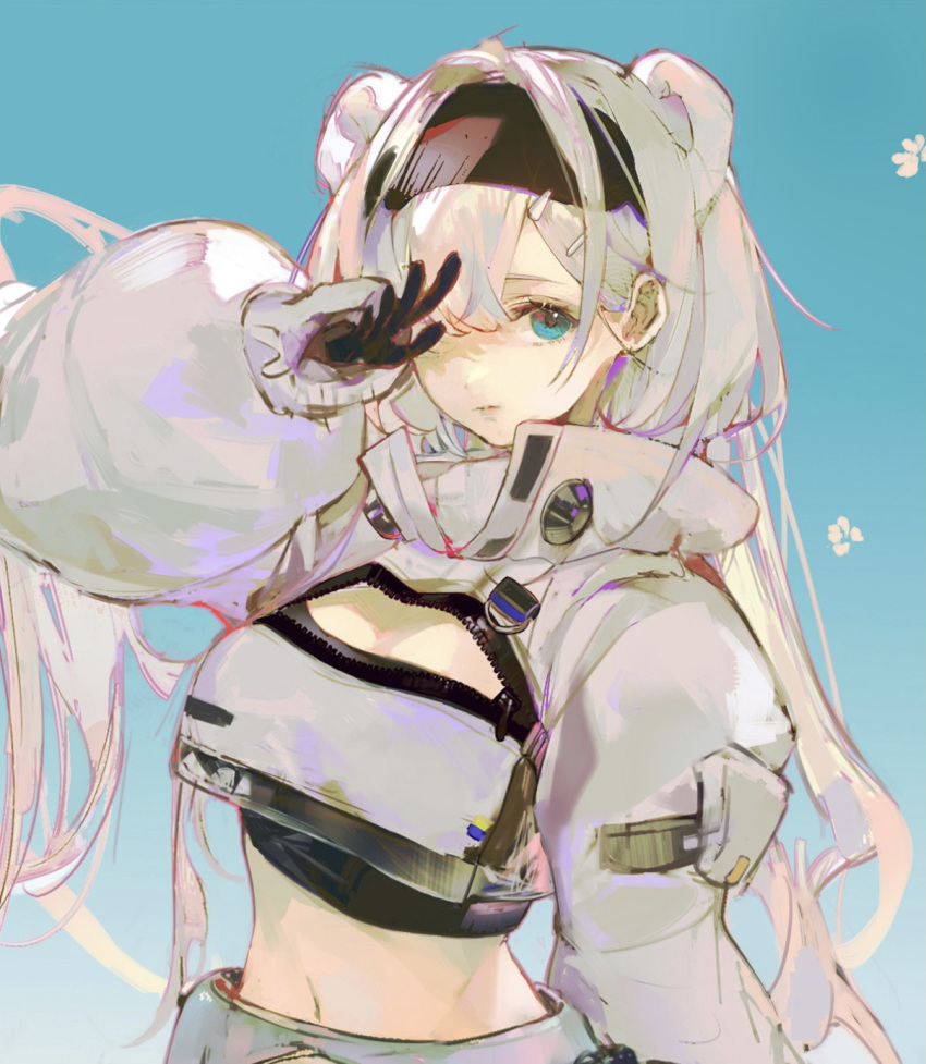 1girl animal_ears arknights aurora_(arknights) bangs bear_ears black_gloves black_hairband black_shirt blue_eyes chinese_commentary cleavage_cutout clothing_cutout commentary_request crop_top cropped_jacket gloves hairband highres jacket long_hair long_sleeves looking_at_viewer midriff navel shirt silver_hair solo stomach tuxizhizhe upper_body very_long_hair white_jacket