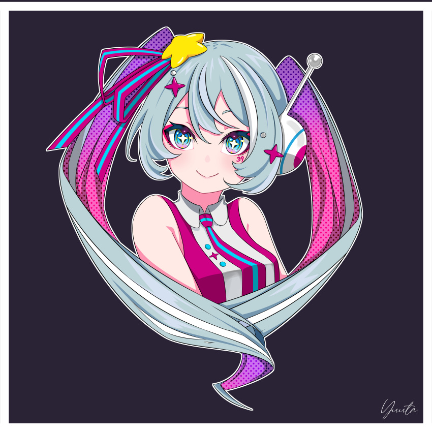 +_+ 1girl 39 absurdres bangs blue_eyes breasts closed_mouth collared_shirt commentary_request cropped_torso eyebrows_behind_hair greyscale hair_between_eyes hair_ornament hatsune_miku highres long_hair looking_at_viewer magical_mirai_(vocaloid) medium_breasts monochrome multicolored_hair pink_hair purple_hair purple_shirt shirt signature sleeveless sleeveless_shirt smile solo star_(symbol) star_hair_ornament streaked_hair upper_body very_long_hair vocaloid white_hair yuuta_(yuuta0312)