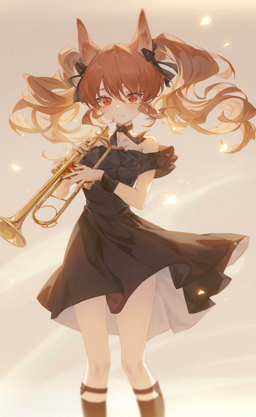1girl absurdres ambience_synesthesia angelina_(arknights) animal_ears arknights black_bow black_dress black_legwear black_ribbon blush bow brown_hair closed_mouth dress feet_out_of_frame fox_ears gradient gradient_background grey_background hair_bow highres holding holding_instrument instrument kneehighs light_particles long_hair looking_at_viewer neck_ribbon off-shoulder_shirt off_shoulder official_alternate_costume red_eyes ribbon shirt short_sleeves sidelocks smile solo standing trumpet tuzhate twintails wristband