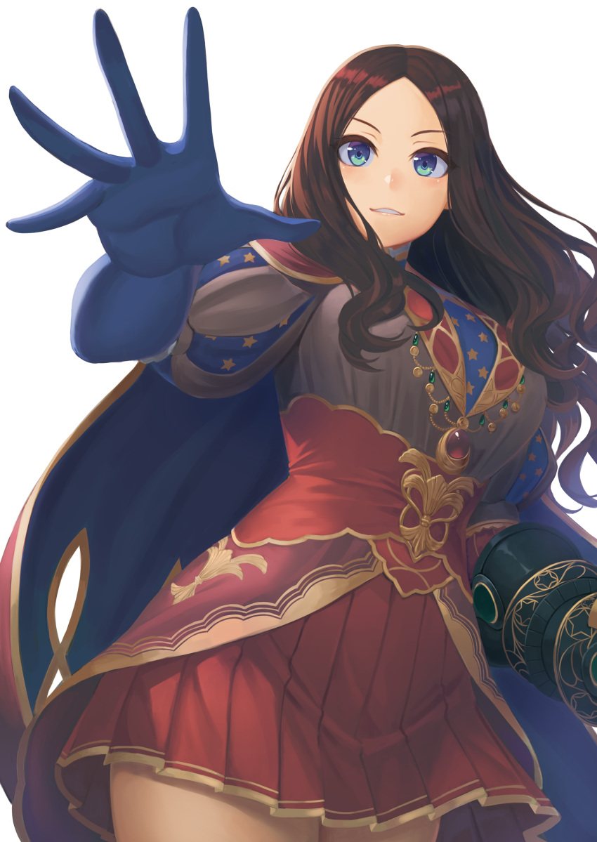 1girl absurdres bangs blue_eyes blue_gloves blush breasts brown_dress brown_hair dress elbow_gloves fate/grand_order fate_(series) forehead gloves highres large_breasts leonardo_da_vinci_(fate) long_hair looking_at_viewer parted_bangs puff_and_slash_sleeves puffy_short_sleeves puffy_sleeves ranma_(kamenrideroz) red_skirt short_sleeves skirt