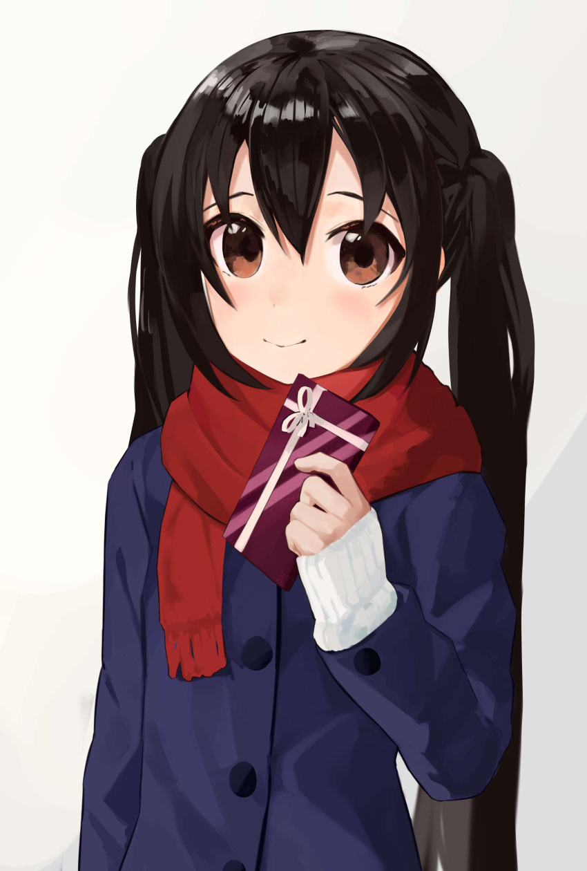 1girl absurdres black_hair brown_eyes coat gift hair_between_eyes highres holding holding_gift k-on! keibi_inu long_hair looking_at_viewer nakano_azusa scarf simple_background sleeves_past_wrists smile solo twintails upper_body valentine winter_clothes