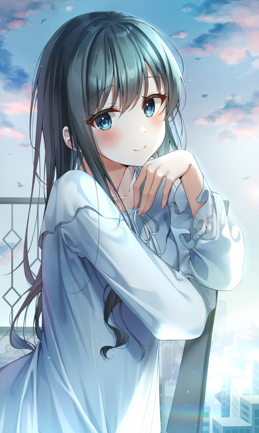 1girl absurdres balcony bangs bingyam black_hair blue_eyes blush building cityscape closed_mouth clouds cloudy_sky collarbone eyebrows_visible_through_hair gloves highres long_hair looking_at_viewer messy_hair morning nightgown outdoors pajamas railing rainbow ribbon scenery sky smile solo twilight