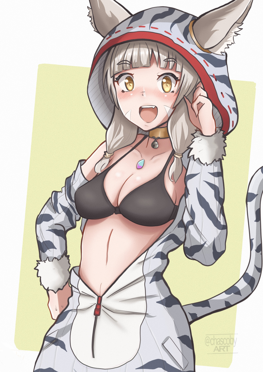 absurdres alternate_costume animal_ears bangs blunt_bangs breasts cat_ears chascoby chest_jewel eyebrows_visible_through_hair highres hood hoodie nia_(xenoblade) open_mouth silver_hair small_breasts solo xenoblade_chronicles_(series) xenoblade_chronicles_2 yellow_eyes