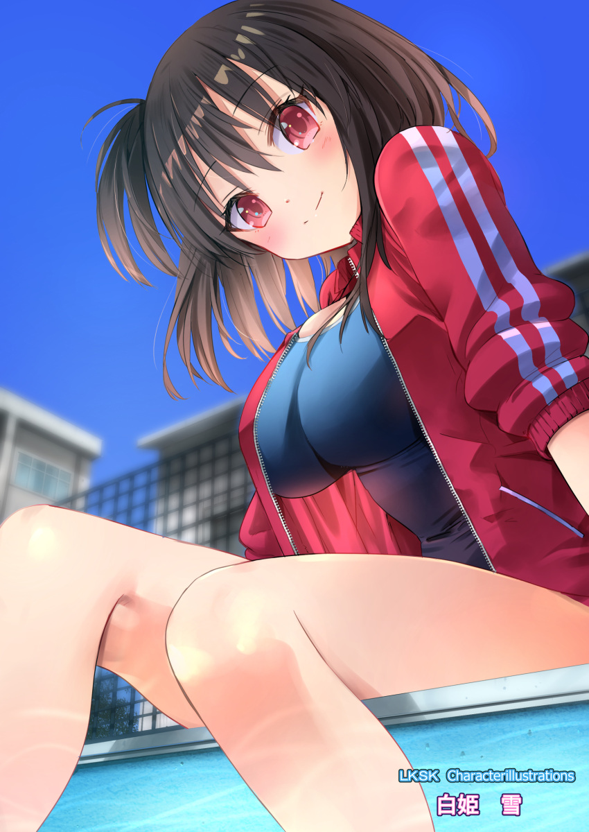 1girl absurdres artist_name bangs black_hair blue_sky blue_swimsuit blush breasts closed_mouth commentary_request day eyebrows_visible_through_hair hair_between_eyes highres jacket large_breasts looking_at_viewer medium_hair natsushima_memo one-piece_swimsuit one_side_up open_clothes open_jacket original outdoors pool red_eyes red_jacket school_swimsuit sitting sky smile soaking_feet solo swimsuit swimsuit_under_clothes unzipped