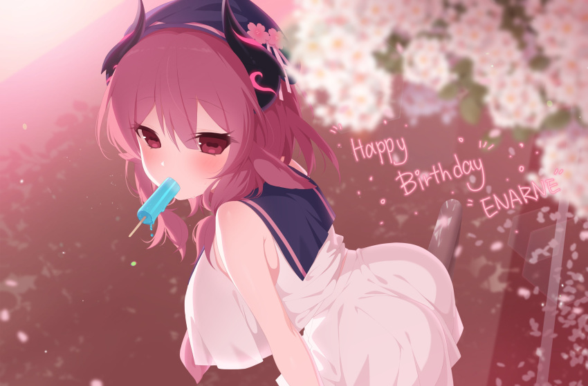 1girl absurdres ass bare_shoulders bent_over blurry blurry_background breasts flower food goat-chan_(enarane) goat_girl goat_horns hair_between_eyes happy_birthday hat highres horns ia_(ias1010) large_breasts looking_at_viewer mouth_hold original popsicle red_eyes redhead sailor_collar shirt skirt solo white_shirt white_skirt