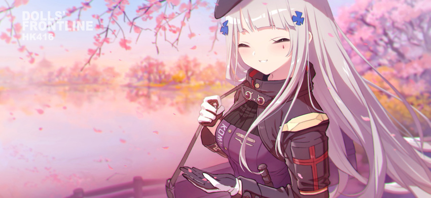 1girl alithea_jane bag black_gloves blush breasts character_name cherry_blossoms closed_eyes copyright_name cross dated_commentary day fence girls_frontline gloves grin handbag handle hat highres hk416_(girls'_frontline) iron_cross jacket lake long_hair medium_breasts outdoors silver_hair smile solo teardrop_tattoo tree upper_body water white_gloves