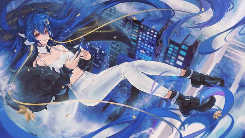 1girl bare_shoulders blue_hair boots breasts building cloud9 commentary dragon_girl english_commentary full_body hair_between_eyes highres horns long_hair medium_breasts multiple_horns outdoors pants red_eyes second-party_source seo_(seoffle) skyscraper smile solo very_long_hair vienna_(vtuber) virtual_youtuber