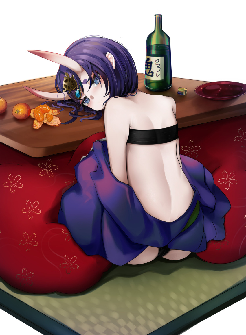 1girl absurdres alcohol ass back bangs blue_eyes bob_cut bottle cup eyeliner fate/grand_order fate_(series) food from_behind fruit head_on_table headpiece highres horns japanese_clothes kimono kotatsu looking_at_viewer makeup oni oni_horns open_clothes open_kimono orange_(fruit) purple_hair purple_kimono revealing_clothes sakazuki sake san_(harutuki_3) short_eyebrows short_hair shuten_douji_(fate) simple_background sitting skin-covered_horns solo table tatami wine_bottle