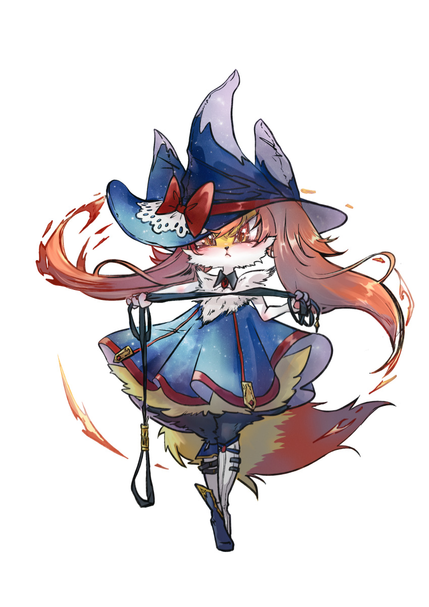 1girl :&lt; absurdres animal_ear_headwear animal_nose arm_up asymmetrical_footwear bangs black_fur blue_dress blue_headwear blush body_fur boots bow braixen brooch chinese_commentary closed_mouth clothed_pokemon commentary_request detached_collar dress fang fang_out fire flat_chest fox_girl fox_tail full_body fur_collar furry furry_female hand_up hat hat_bow highres holding jewelry knee_boots leash legs_together long_hair looking_at_viewer mismatched_footwear orange_eyes outstretched_arm pawpads pokemon pokemon_(creature) red_bow redhead shiny shiny_hair short_dress sidelocks solo standing strapless strapless_dress tail transparent_background white_footwear white_fur witch_hat xiao_jiang_he_shannai yellow_fur