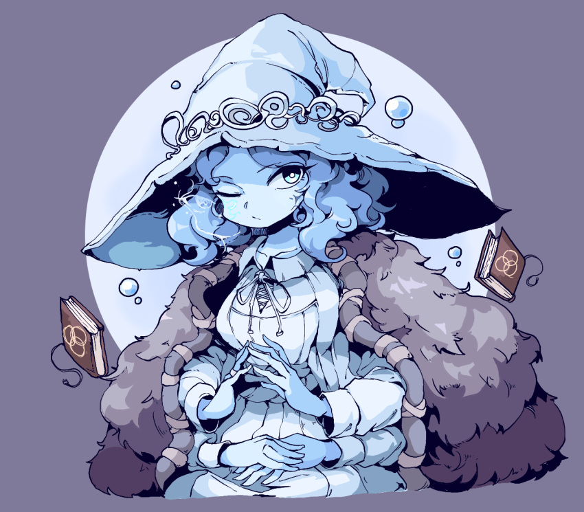 1girl blue_eyes blue_hair blue_skin book colored_skin crack cracked_skin dress elden_ring extra_arms extra_faces fur_coat hat ioh jewelry long_hair looking_at_viewer moon one_eye_closed ranni_the_witch ring simple_background white_dress