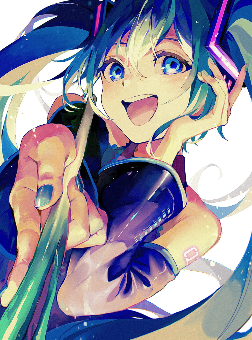1girl absurdres aqua_hair armpit_crease bare_shoulders black_sleeves blue_eyes blue_nails blue_theme detached_sleeves eyelashes fingernails food glowing glowing_tattoo hand_on_own_face hand_up hands happy hatsune_miku highres holding holding_food light_particles long_hair looking_at_viewer nowatari_hii open_mouth outstretched_hand shoulder_tattoo simple_background smile solo spring_onion tattoo teeth twintails upper_body upper_teeth very_long_hair vocaloid white_background wide_sleeves