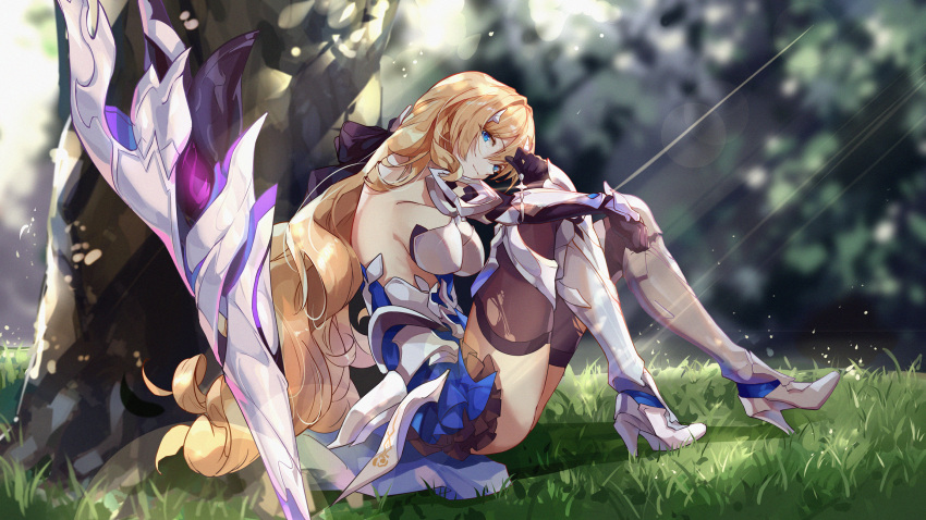 1girl armor armored_boots armored_dress bangs bare_shoulders bianka_durandal_ataegina bianka_durandal_ataegina_(bright_knight:_excelsis) blonde_hair blue_eyes boots closed_mouth dress full_body gauntlets grass hair_ornament highres honkai_(series) honkai_impact_3rd long_hair looking_at_viewer outdoors polearm sitting sleeveless sleeveless_dress spear tree wavy_hair weapon zombie-andy