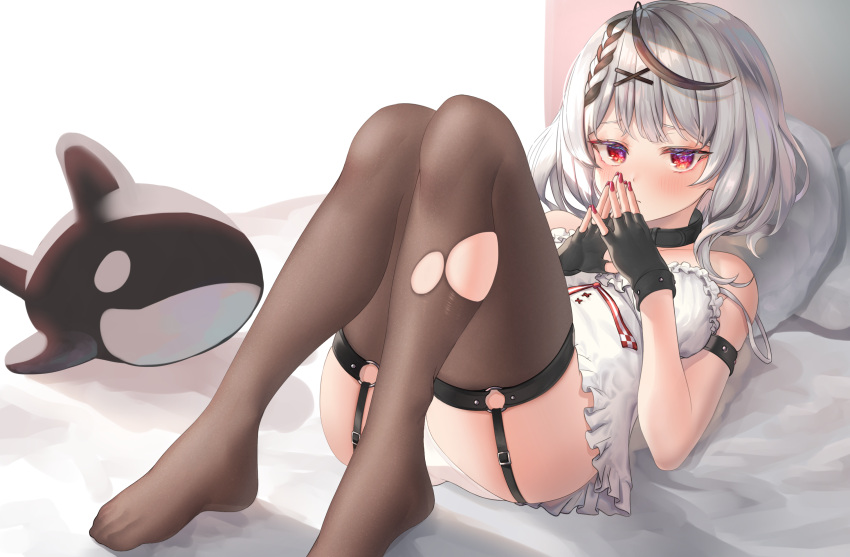 1girl arm_strap bangs black_choker black_gloves black_hair blush braid choker closed_mouth doll dress fingerless_gloves fingers_together garter_straps gloves hair_ornament highres hololive looking_at_viewer lying multicolored_hair nanaomi_(ryniix) no_shoes off_shoulder on_back on_bed panties pantyshot red_eyes red_nails sakamata_chloe silver_hair solo streaked_hair thigh-highs torn_clothes torn_legwear underwear virtual_youtuber white_dress white_panties x_hair_ornament