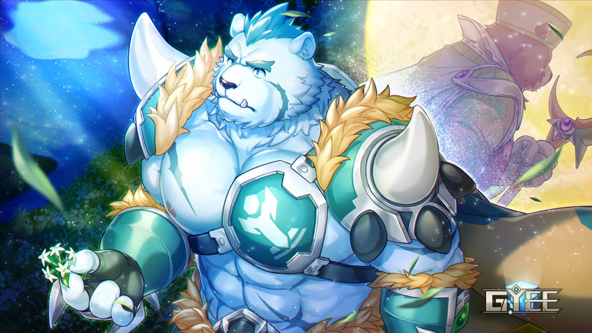 abs animal_ears armor artist_request bear bear_ears bernard_(gyee) chest_plate flower forest furry furry_male gauntlets gyee highres logo moon moon_(gyee) multiple_boys muscular muscular_male nature night night_sky nipples official_art pectoral_cleavage pectorals scar scar_on_chest scar_on_face scar_on_stomach shoulder_armor shoulder_pads sky staff thick_arms tusks