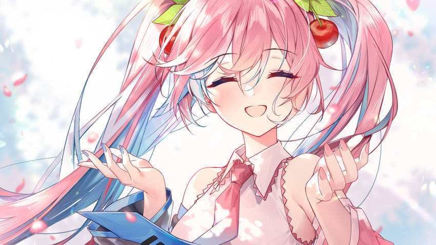 1girl 39 bangs blue_hair blue_nails cherry_hair_ornament closed_eyes detached_sleeves food-themed_hair_ornament hair_ornament hatsune_miku kabosuwow long_hair multicolored_hair necktie open_mouth pink_hair pink_nails sakura_miku smile solo two-tone_hair very_long_hair vocaloid