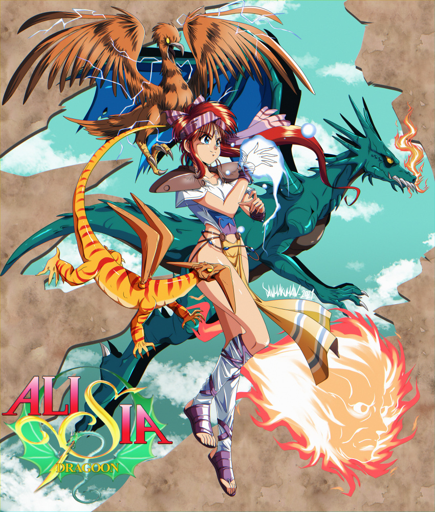 1990s_(style) 1girl 2021 absurdres alisia_dragoon alisia_dragoon_(character) artist_name ball_o'_fire bird blue_eyes boomerang_lizard breasts commentary danmakuman dated dragon dragon_fyre electricity english_commentary facial_mark forehead_mark full_body headband highres logo loincloth long_hair magic ponytail redhead retro_artstyle sandals shoulder_pads signature small_breasts smile solo thunder_raven wristband